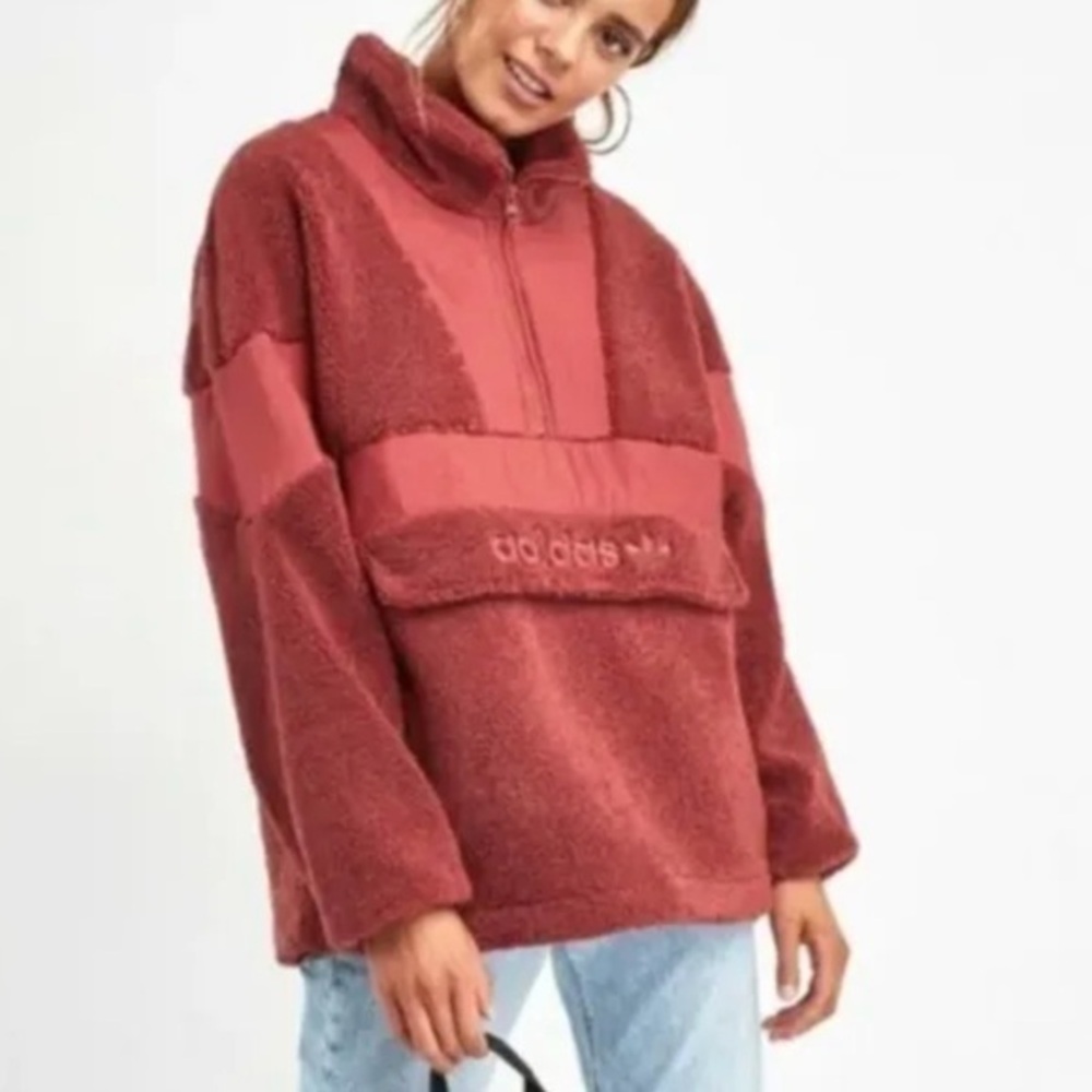 Adidas Sherpa OTH Red Jacket In Mystery Zip Pullover Polar Fleece Baggy Relaxed